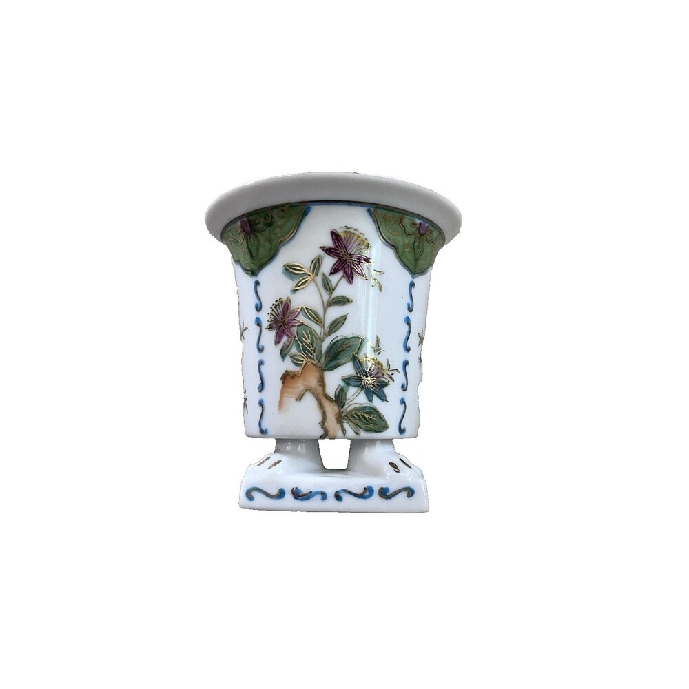 Vtg LJ Japan Footed Porcelain Cachepot Floral Gold Rim Small Matchstick Holder